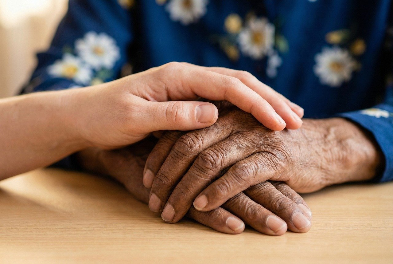 concern, support, empathy, comfort, connection, hands, elderly, young, senior, generations, friendliness, love, to touch, help out, soft, diversity, multicultural, health, welfare, human, ai generated